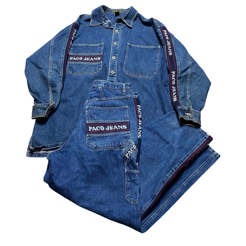 Vintage 90s Paco Jeans Baggy Hip Hop Tape Denim 2pc Set Jacket XL Pants 34x32